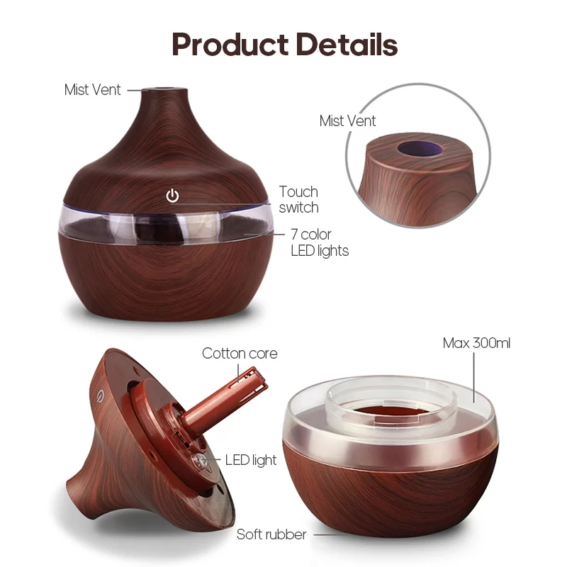 Wood Grain Humidifier 300ml USB Aroma Diffuser Atomizer USB Household Humidifier Hydrating Instrument Desktop Humidifier_4