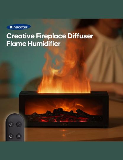 Fireplace Aroma Diffuser Creative Flame Humidifier Waterless Auto-Off Protection with Remote and Realistic Fireplace Night Light