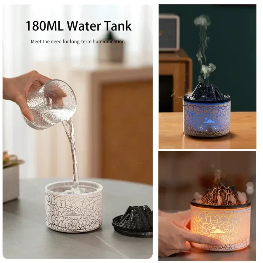 180ml Home Air Humidifier 7 Colours Ambient Light Volcano Flame Aroma Diffuser Jellyfish Smoke Ring USB_5