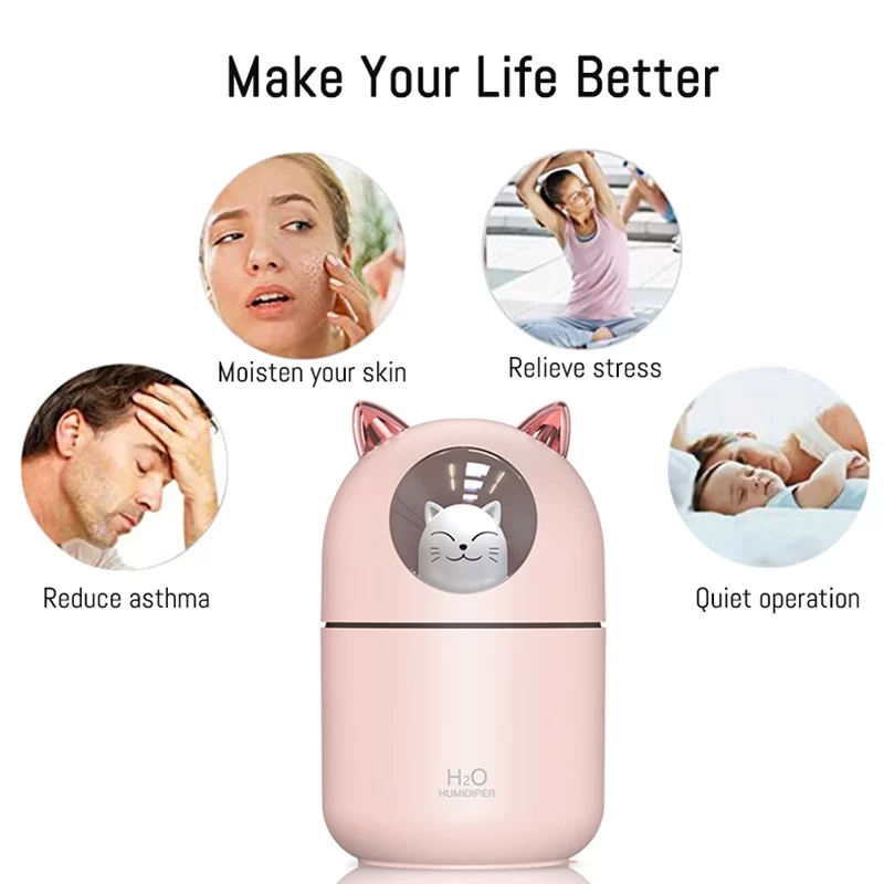 300ML  Air Humidifier Cute Cat Ultra-Silent USB Office Household Bedroom Car Aromatherapy Air Purifier with Led Cool Mist Spray_3