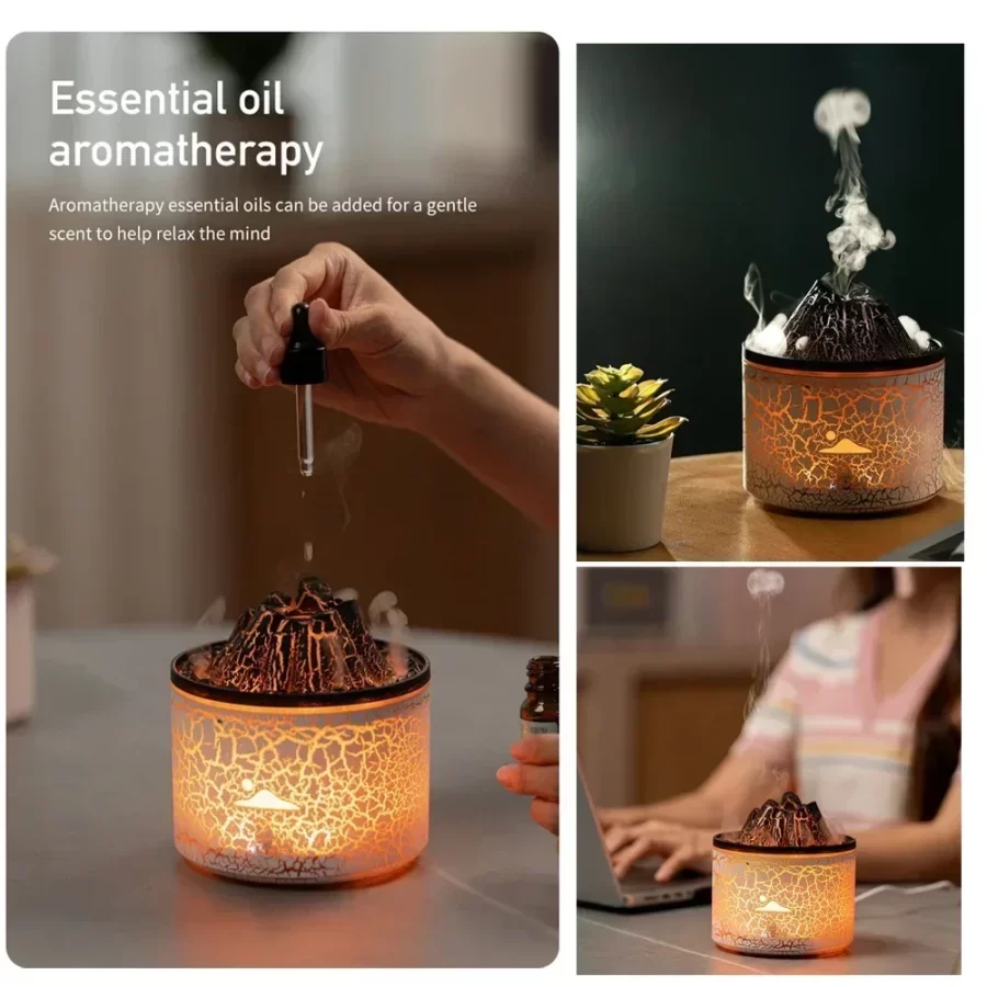 180ml Home Air Humidifier 7 Colours Ambient Light Volcano Flame Aroma Diffuser Jellyfish Smoke Ring USB_4