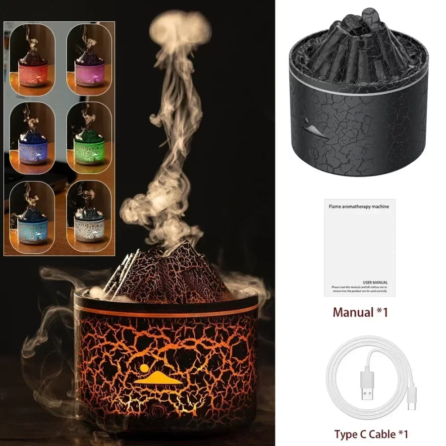 180ml Home Air Humidifier 7 Colours Ambient Light Volcano Flame Aroma Diffuser Jellyfish Smoke Ring USB_7