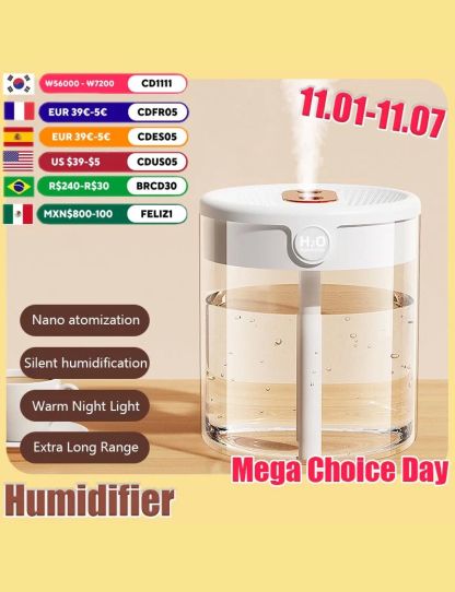 New 2L Double Nozzle Air Humidifier with Warm Night Light Large Capacity Aroma Essential Oil Diffuser for Bedroom Office